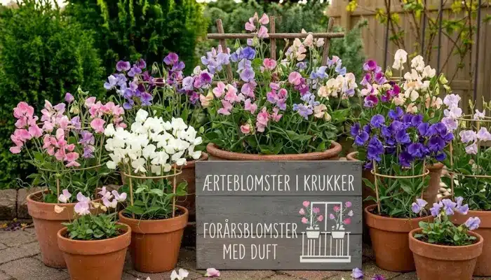 Ærteblomster i krukker