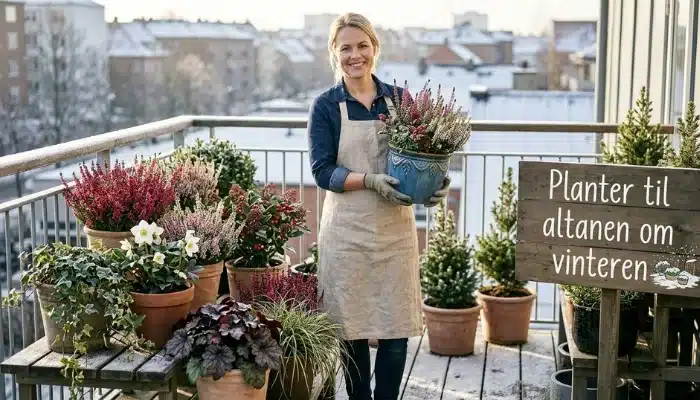 Vinterplanter som lyng, julerose, alunrod og vedbend i krukker på en altan om vinteren